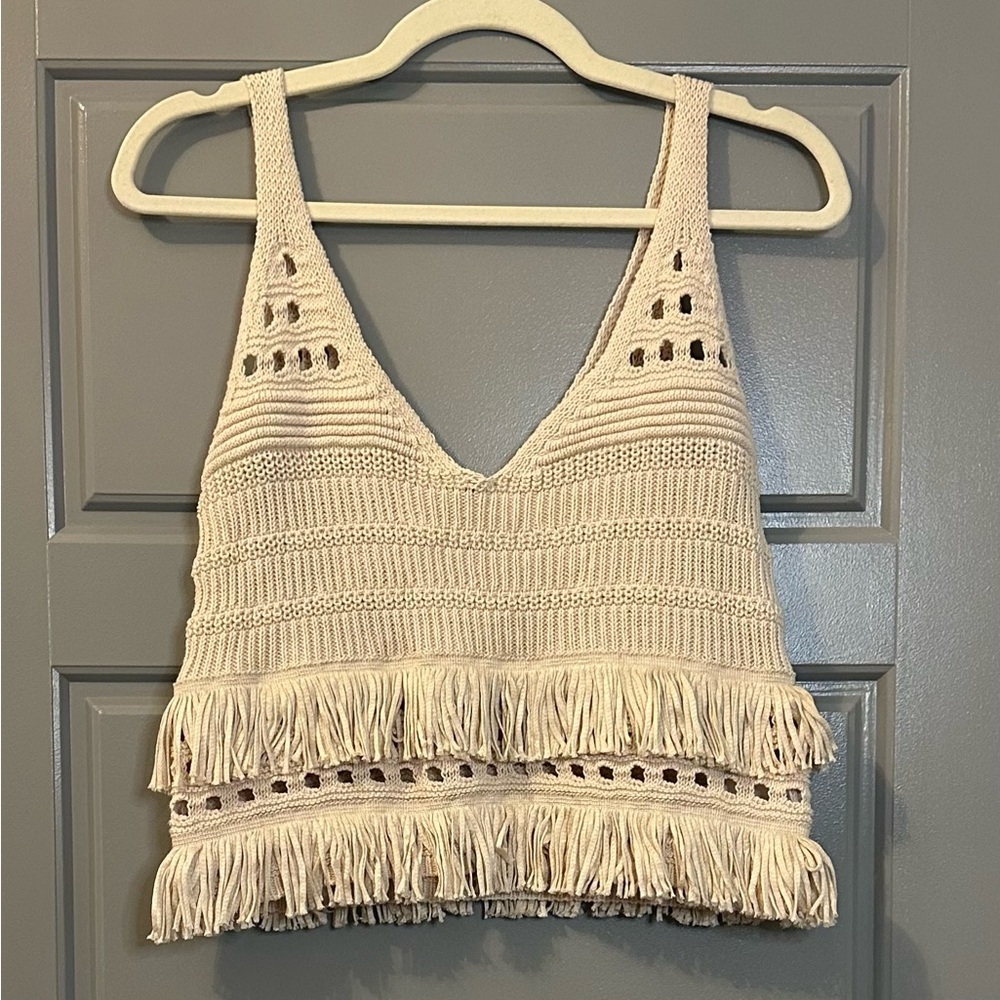 Express Cream Fringe Knit Tank Top